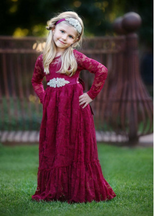 Long Sleeve Burgundy Lace Floor Length Flower Girl Dress
